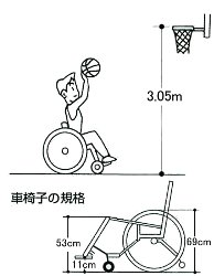 ゴールの高さは床からリングまで3.05m　車いすはフットレストの前面上部高さが床面から11cm、シートの高さがサイド・シート・レールの上縁部までで53cm以下、大輪の大きさが空気を入れた状態のタイヤ外側部直径で69cm以下