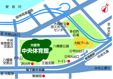 地下鉄中央線朝潮橋駅２号Ａ出口から南西　駐車場入口は中央体育館北交差点とみなと通り八幡屋交差点の間